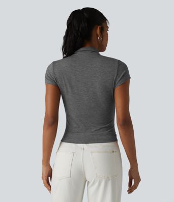 Mock-neck Short Sleeve Ruched Casual T-Shirt