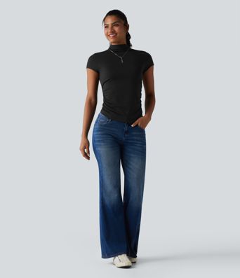 Mock-neck Short Sleeve Ruched Casual T-Shirt