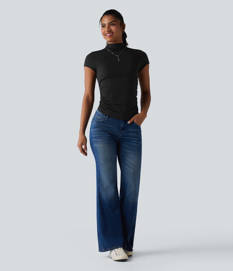 Mock-neck Short Sleeve Ruched Casual T-Shirt