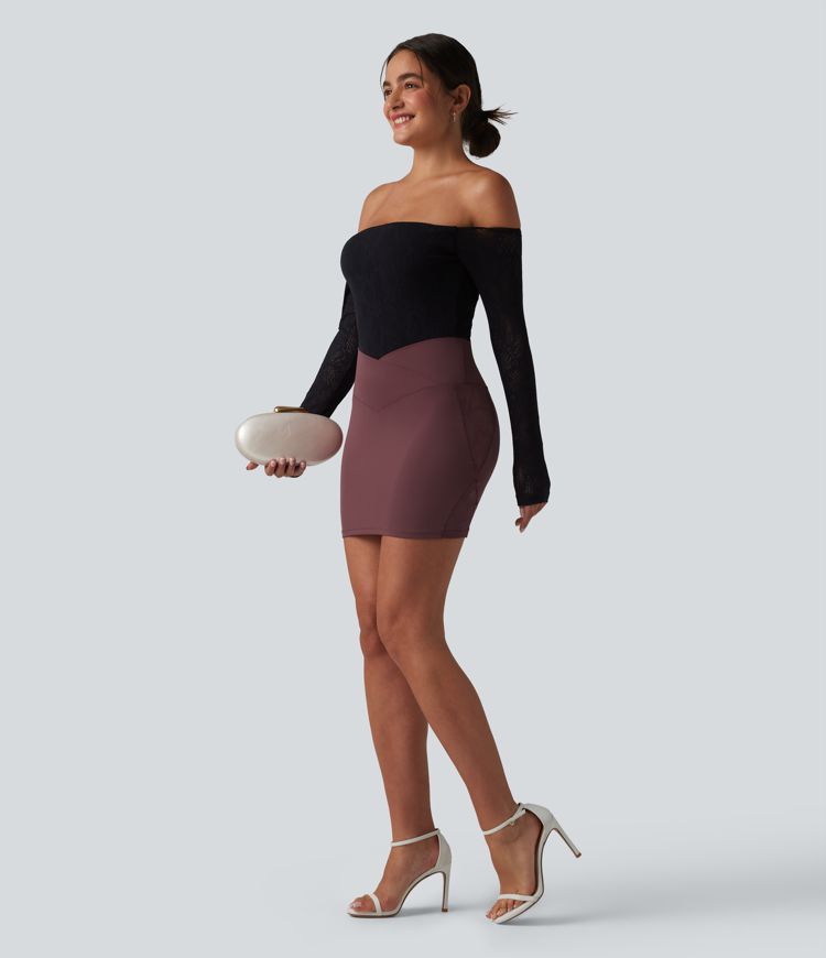 SoftlyZero™ Crossover High Waisted Contrast Lace Built-in Underwear Bodycon Mini Party Skirt