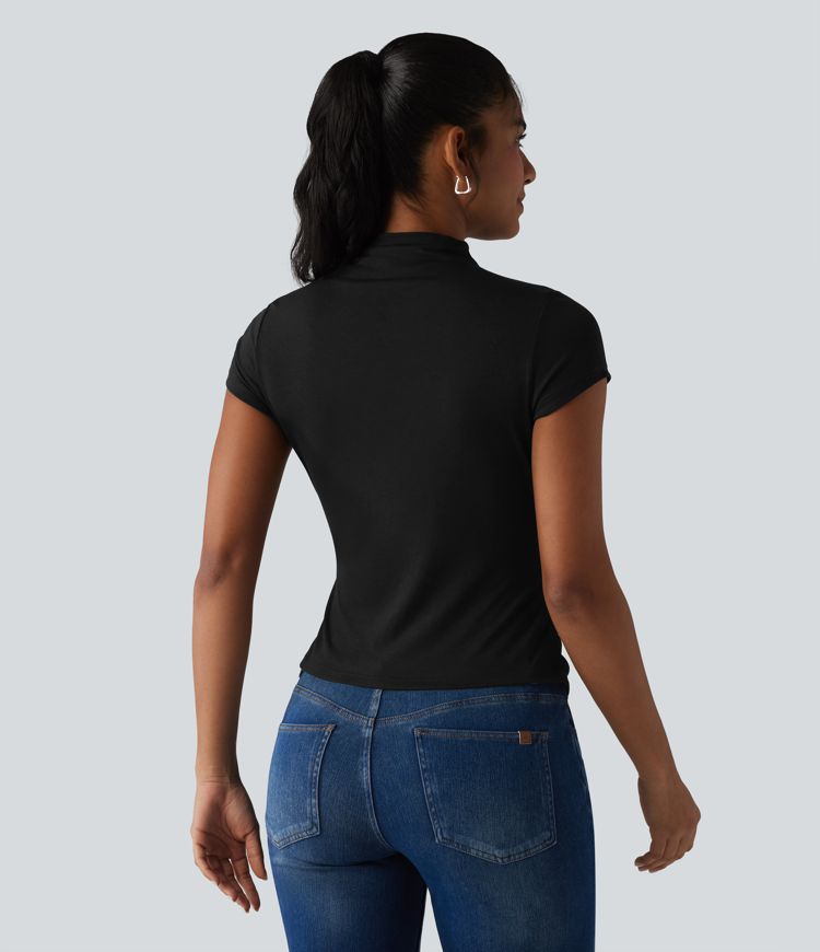 Mock-neck Short Sleeve Ruched Casual T-Shirt