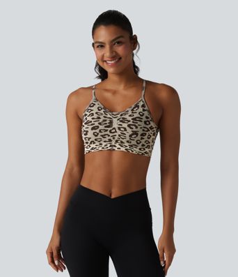 OneForm Brassière de sport de yoga sans couture imprimé léopard bretelles ajustables froncée avec soutien-gorge intégré