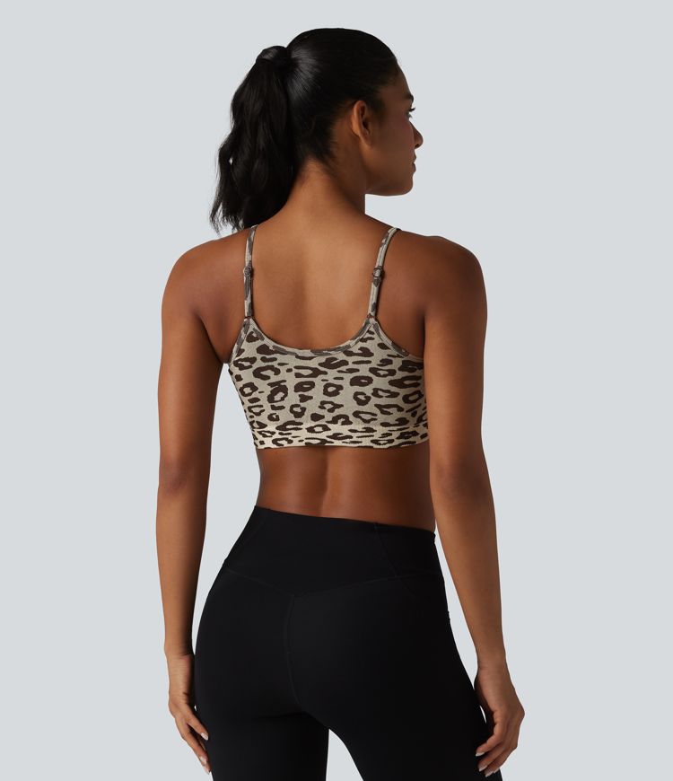 OneForm Brassière de sport de yoga sans couture imprimé léopard bretelles ajustables froncée avec soutien-gorge intégré