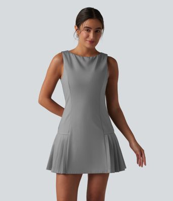 Boat Neck Sleeveless Pleated Stripe Mini Work Dress Boat Neck Sleeveless Pleated Stripe Mini Work Dress