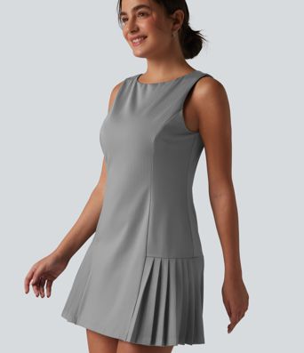 Boat Neck Sleeveless Pleated Stripe Mini Work Dress