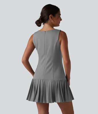 Boat Neck Sleeveless Pleated Stripe Mini Work Dress