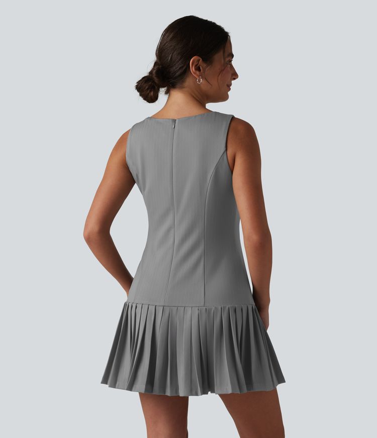 Boat Neck Sleeveless Pleated Stripe Mini Work Dress