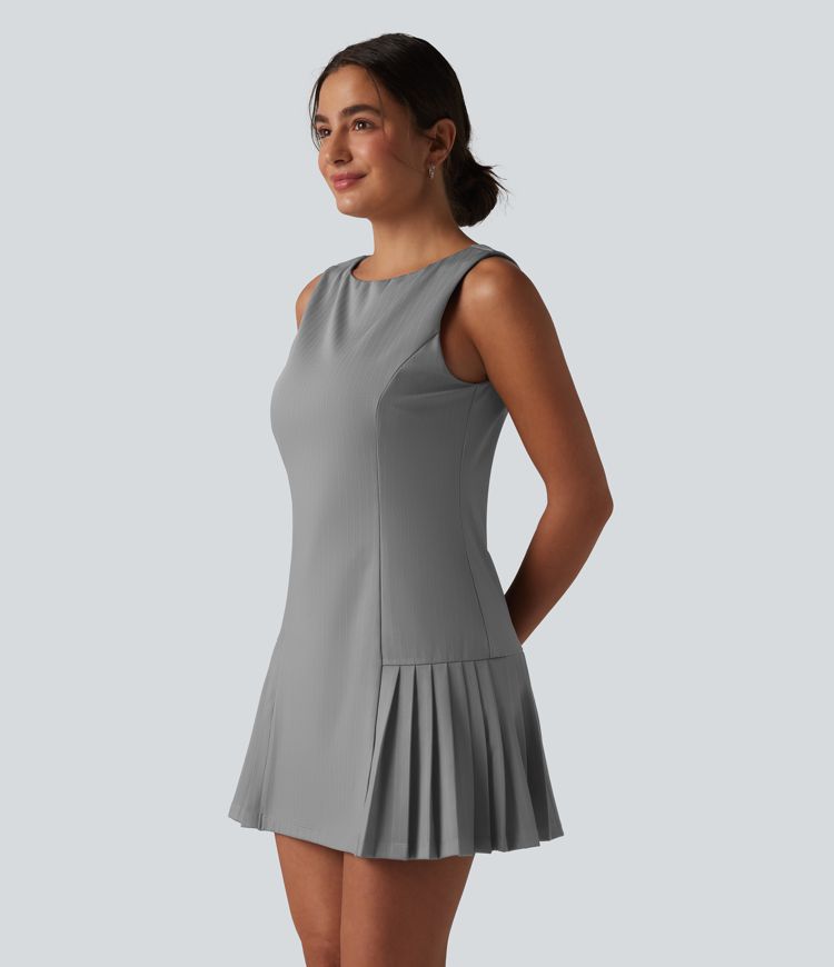 Boat Neck Sleeveless Pleated Stripe Mini Work Dress