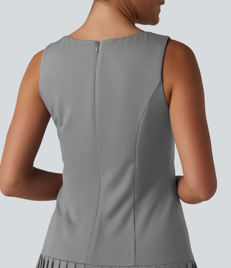 Boat Neck Sleeveless Pleated Stripe Mini Work Dress