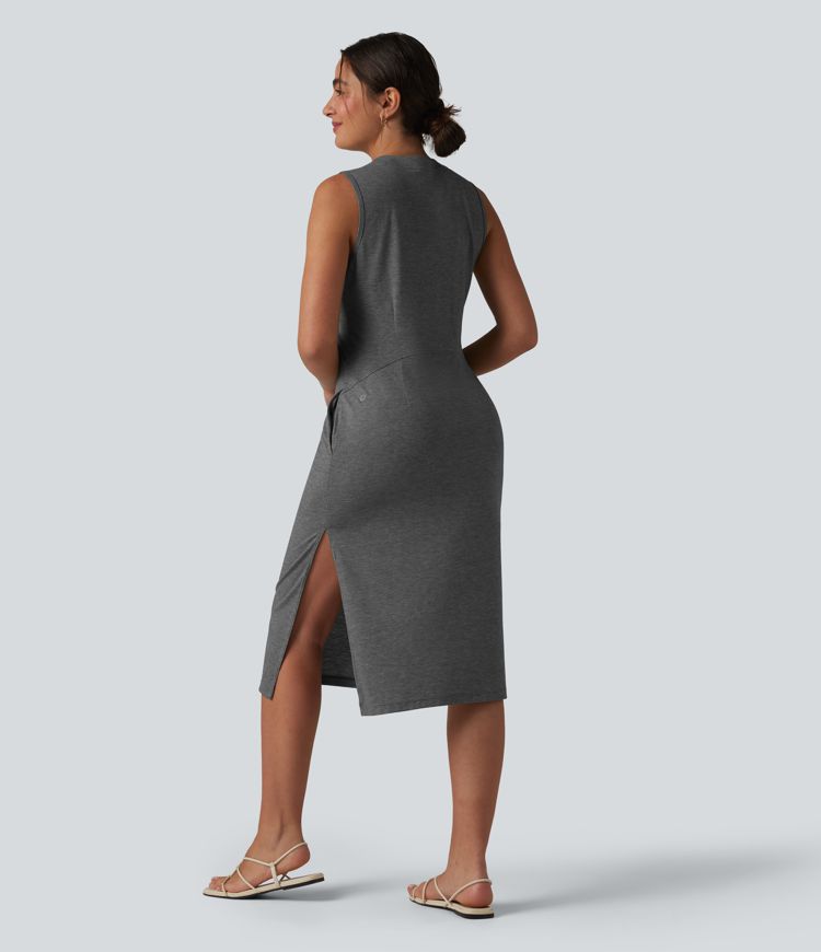 Henley Neck Sleeveless Midi Casual Dress with Pockets