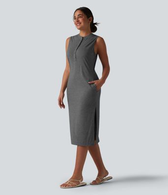 Henley Neck Sleeveless Midi Casual Dress with Pockets