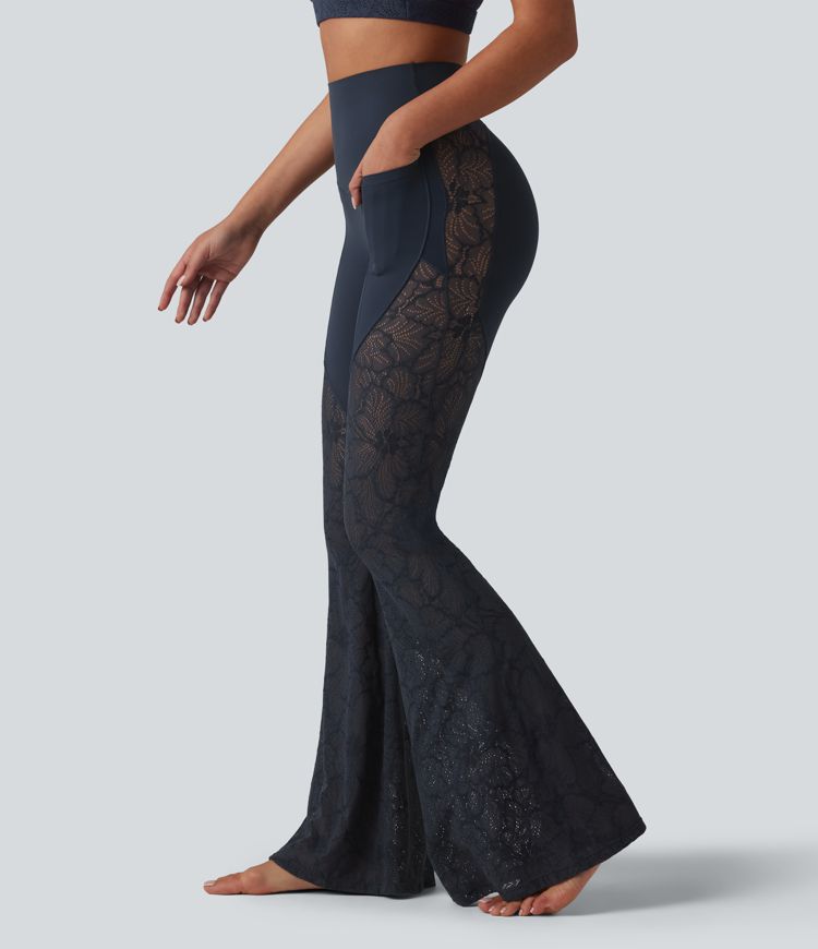 Halara UltraSculpt™ leggings de yoga de talle alto con control abdominal, encaje en contraste, pierna acampanada y bolsillos