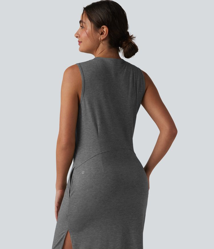 Henley Neck Sleeveless Midi Casual Dress with Pockets