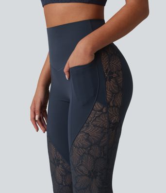 Halara UltraSculpt™ High Waisted Tummy Control Contrast Lace Yoga Flare Leggings with Pockets Halara UltraSculpt™ High Waisted Tummy Control Contrast Lace Yoga Flare Leggings with Pockets