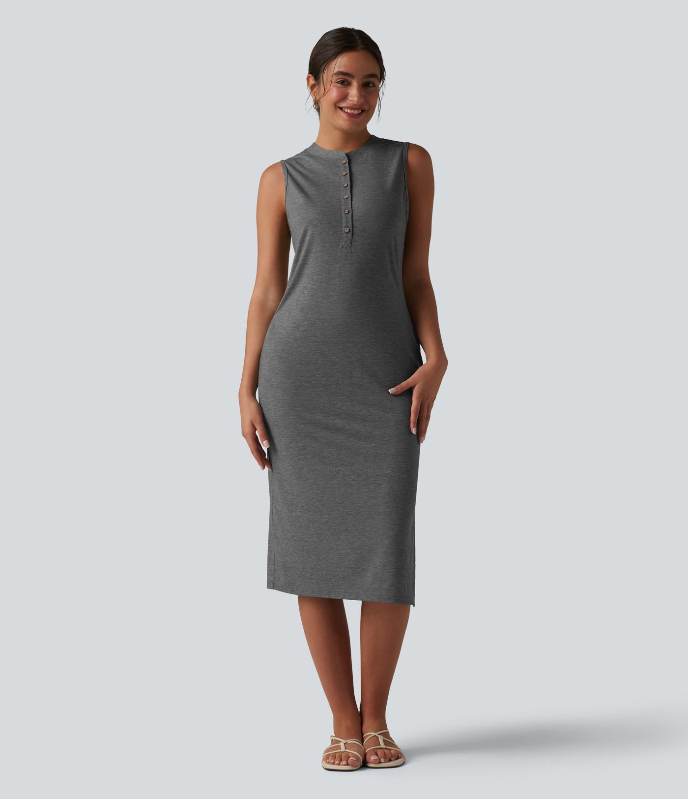 Henley Neck Sleeveless Midi Casual Dress with Pockets