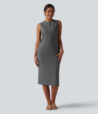 Henley Neck Sleeveless Midi Casual Dress with Pockets