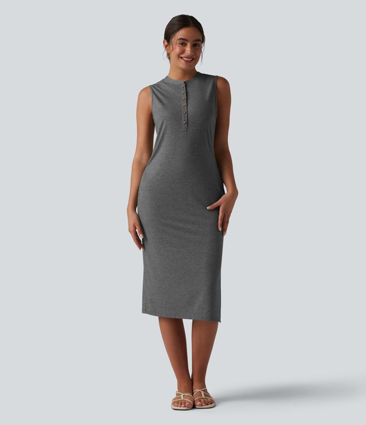 Henley Neck Sleeveless Midi Casual Dress with Pockets