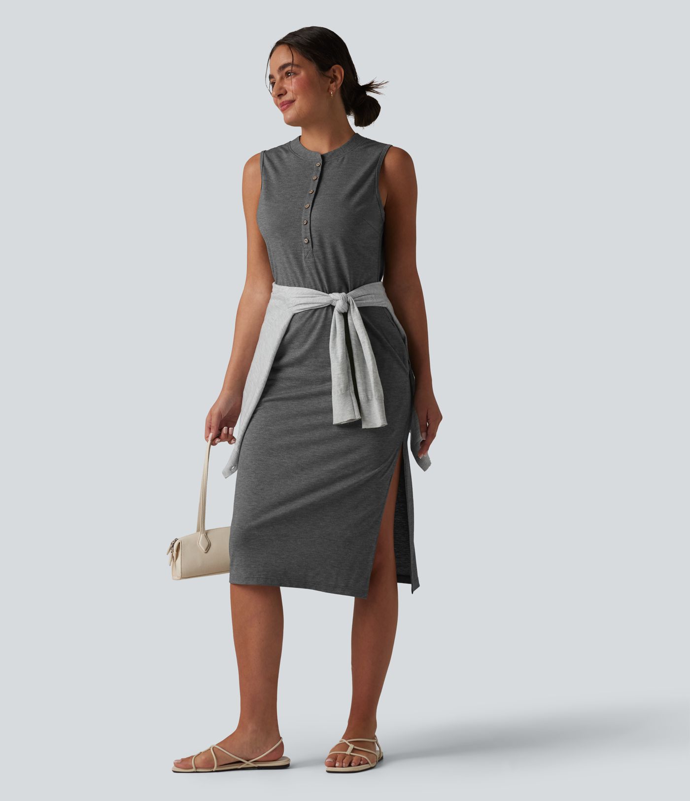 Henley Neck Sleeveless Midi Casual Dress with Pockets