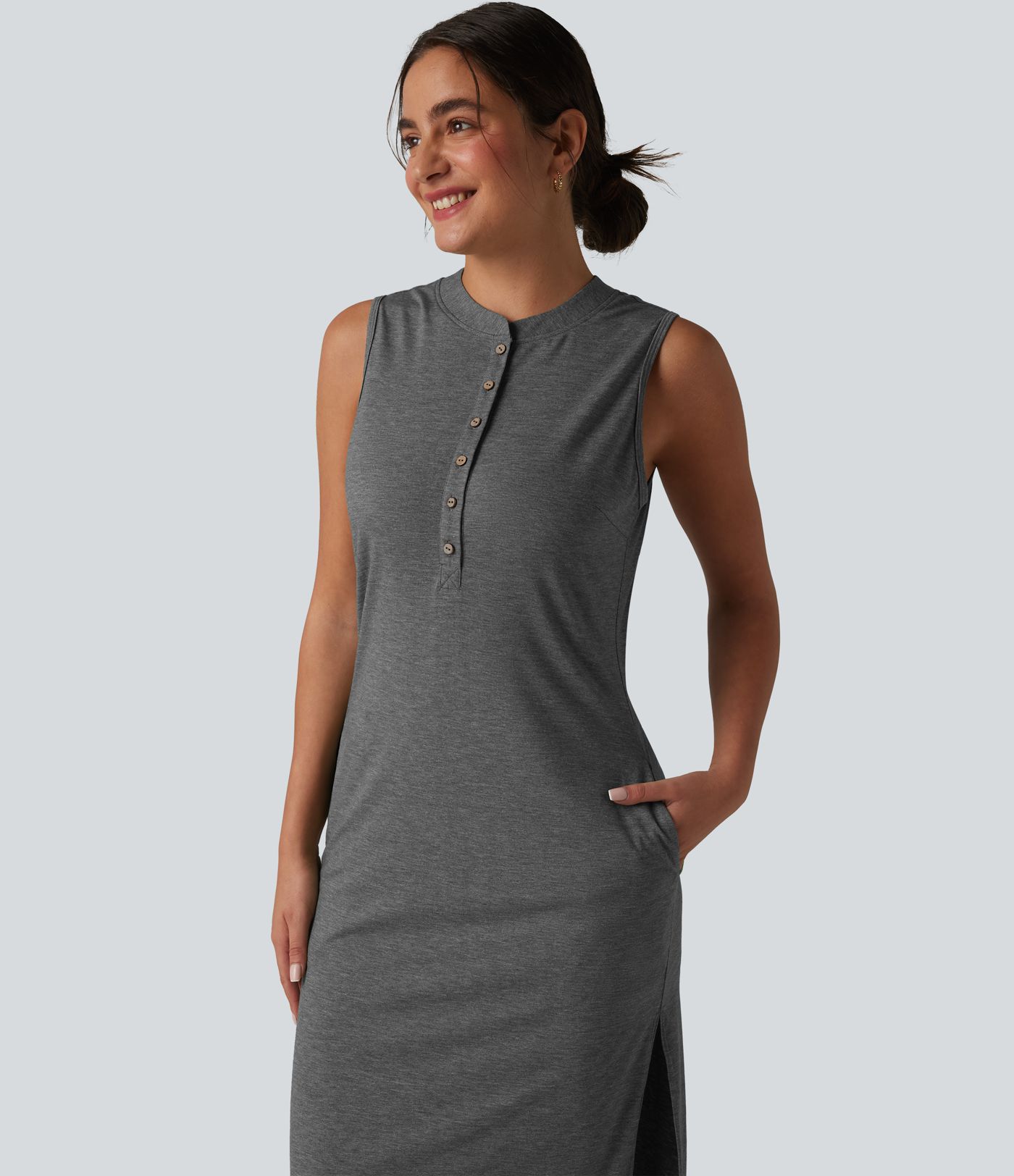 Henley Neck Sleeveless Midi Casual Dress with Pockets