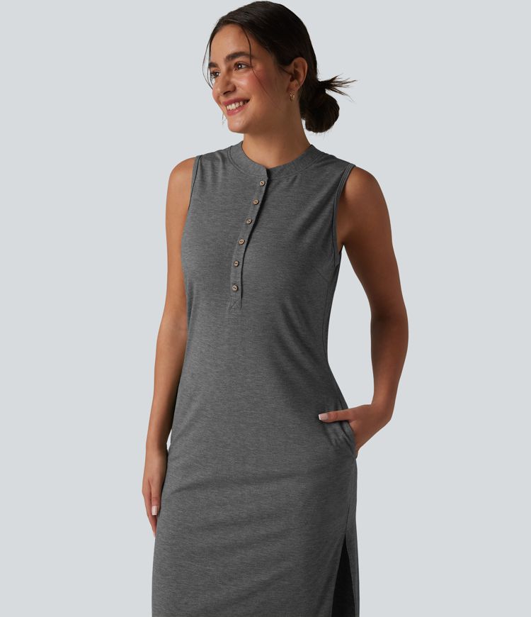 Henley Neck Sleeveless Midi Casual Dress with Pockets
