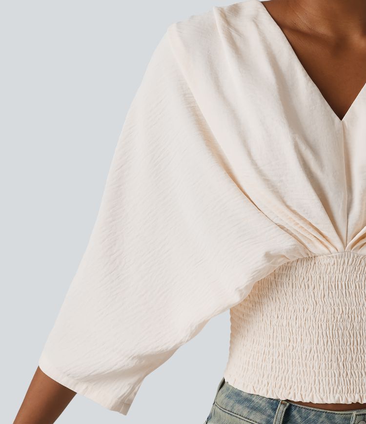 V-neck Batwing Sleeve Shirred Casual Linen-Feel Blouse
