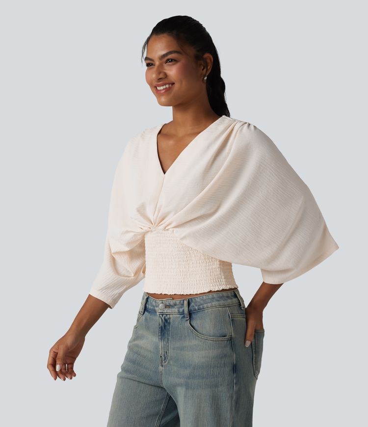 V-neck Batwing Sleeve Shirred Casual Linen-Feel Blouse
