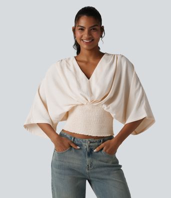 V-neck Batwing Sleeve Shirred Casual Linen-Feel Blouse
