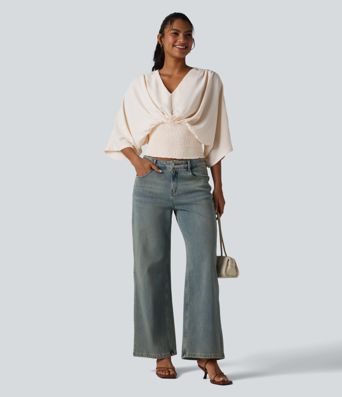 V-neck Batwing Sleeve Shirred Casual Linen-Feel Blouse