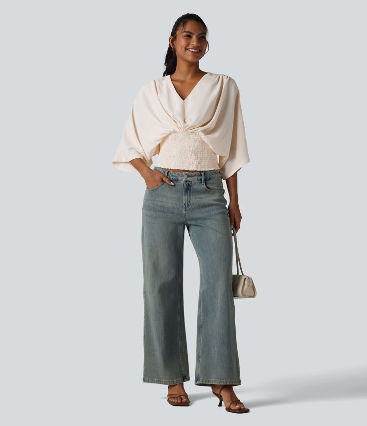 V-neck Batwing Sleeve Shirred Casual Linen-Feel Blouse