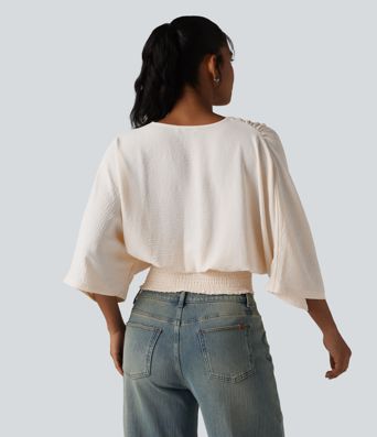 V-neck Batwing Sleeve Shirred Casual Linen-Feel Blouse