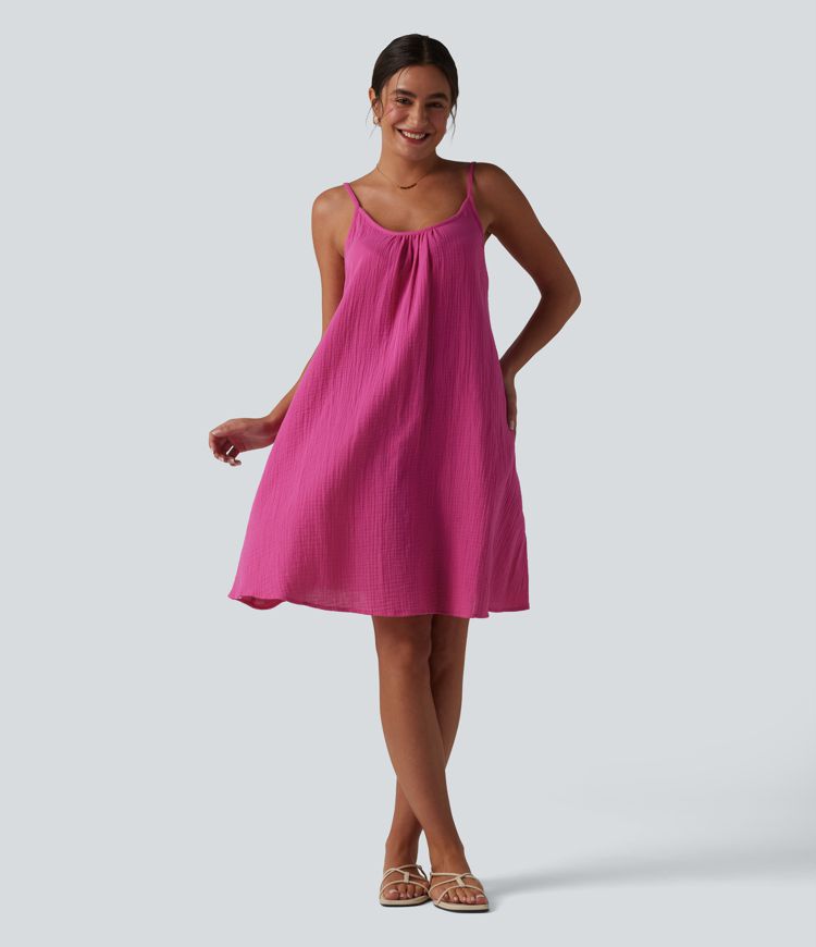 Adjustable Straps Mini Flowy Casual Cotton Slip Dress with Pockets