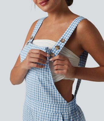 Peto holgado informal con bolsillos laterales, tirantes ajustables y estampado de cuadros - Easy Peezy