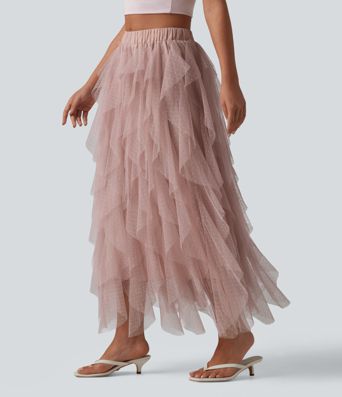 Mid Rise Asymmetric Tiered Mesh Midi Resort Skirt
