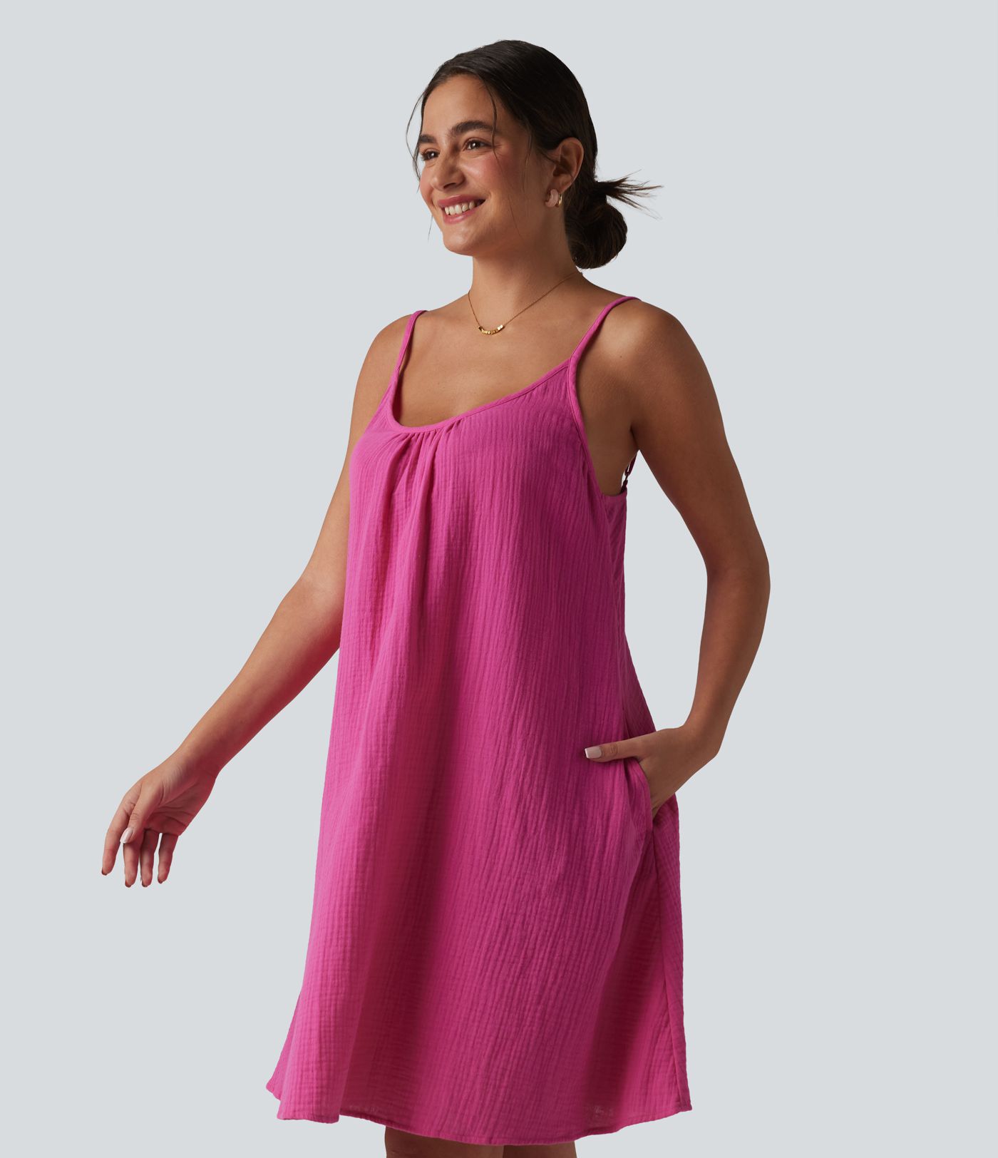 Adjustable Straps Mini Flowy Casual Cotton Slip Dress with Pockets