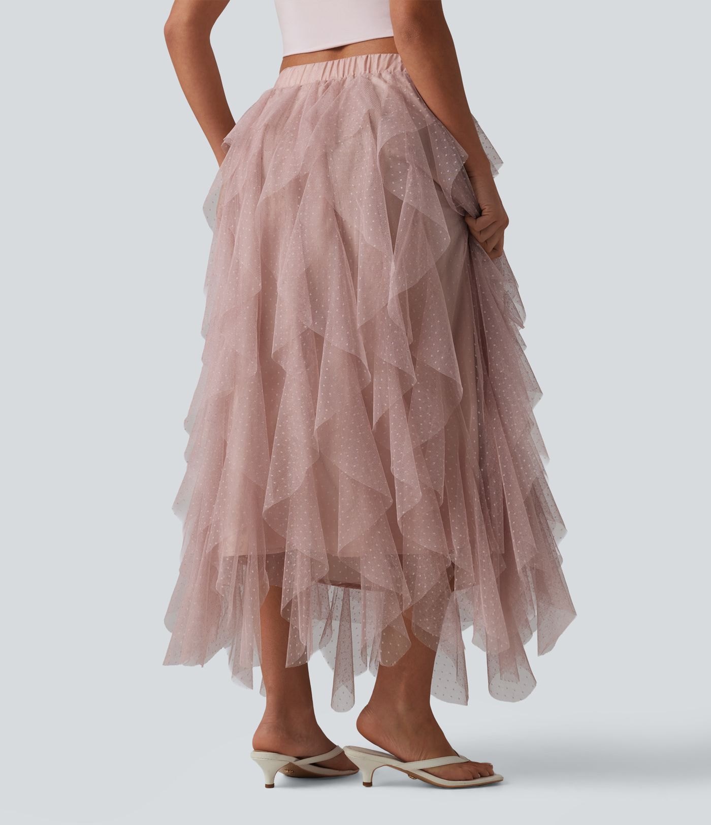Mid Rise Asymmetric Tiered Mesh Midi Resort Skirt