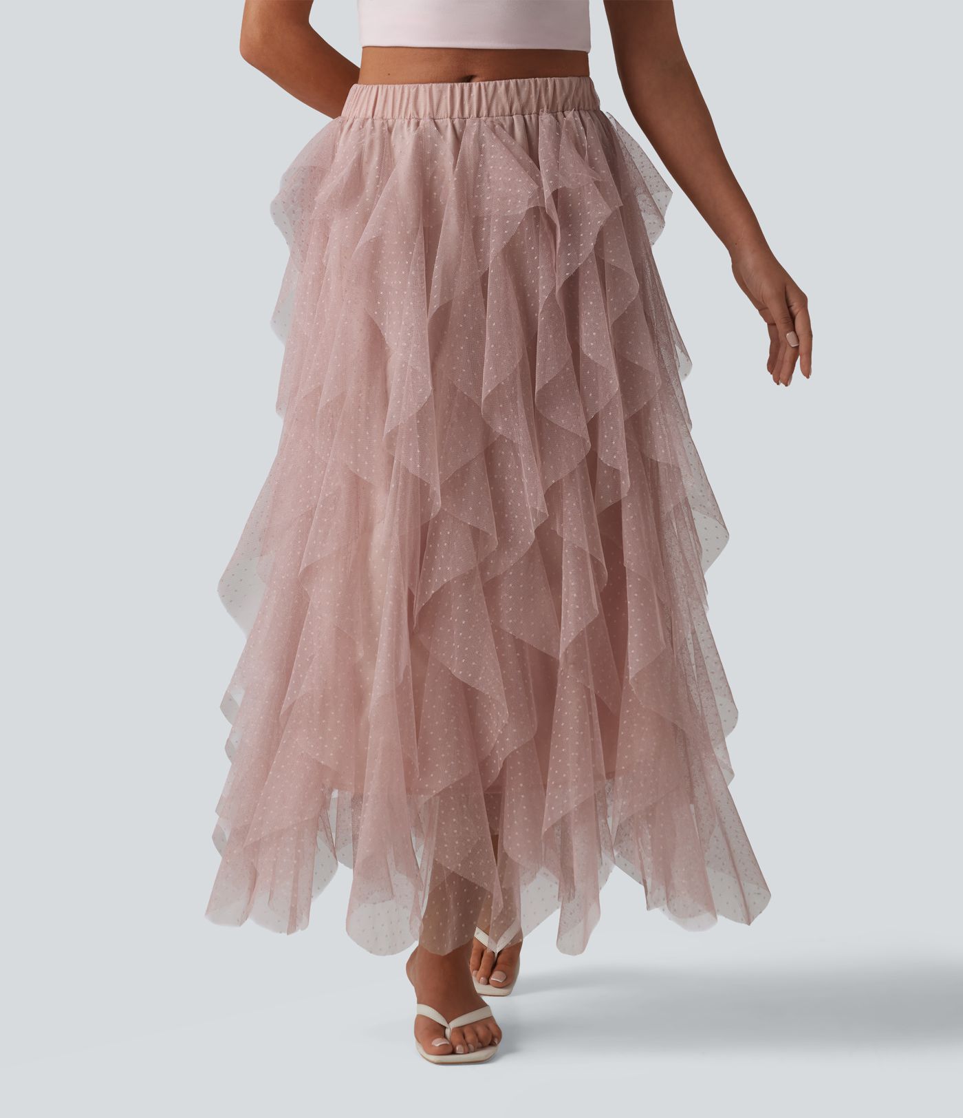 Mid Rise Asymmetric Tiered Mesh Midi Resort Skirt