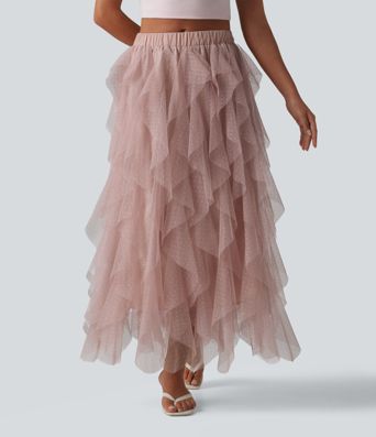 Mid Rise Asymmetric Tiered Mesh Midi Resort Skirt