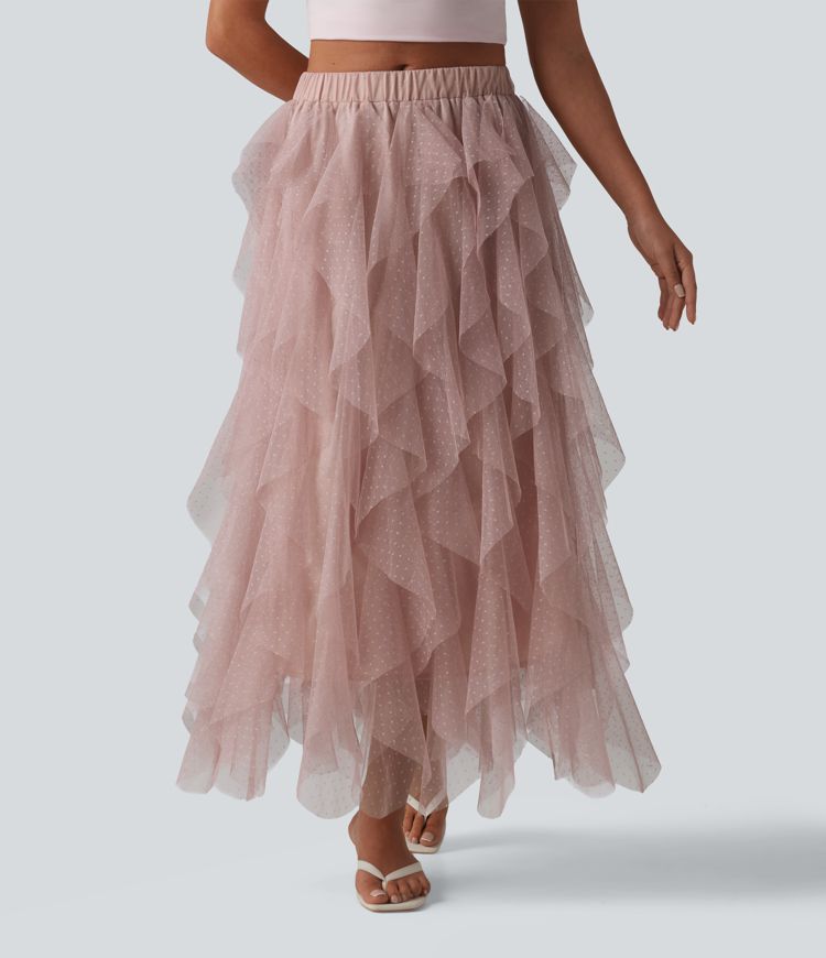 Mid Rise Asymmetric Tiered Mesh Midi Resort Skirt