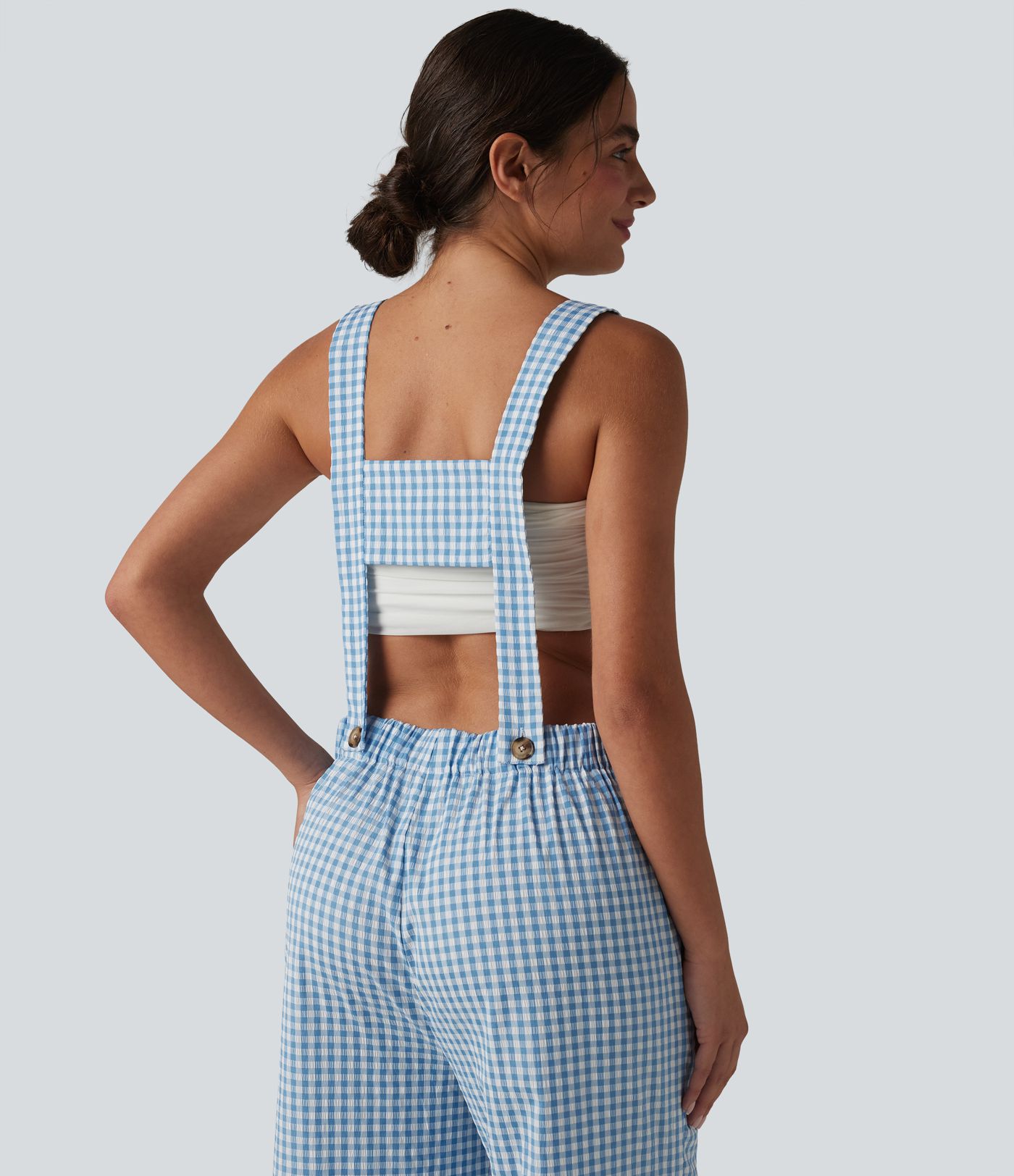 Peto holgado informal con bolsillos laterales, tirantes ajustables y estampado de cuadros - Easy Peezy