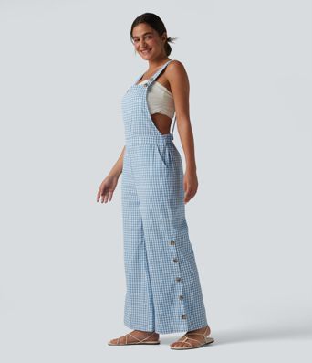 Peto holgado informal con bolsillos laterales, tirantes ajustables y estampado de cuadros - Easy Peezy