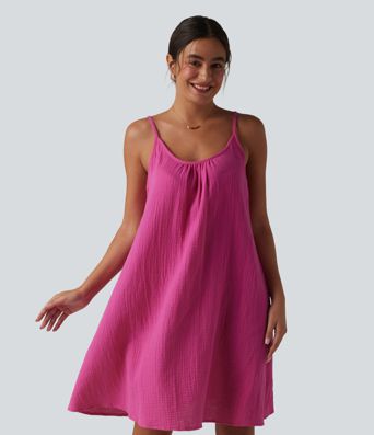 Adjustable Straps Mini Flowy Casual Cotton Slip Dress with Pockets