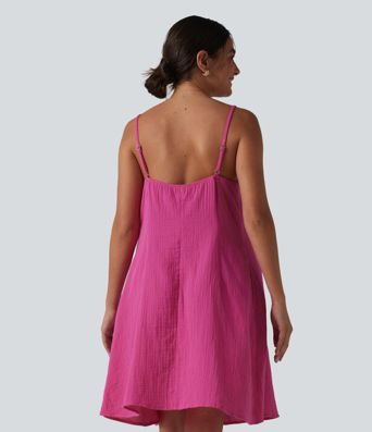 Adjustable Straps Mini Flowy Casual Cotton Slip Dress with Pockets