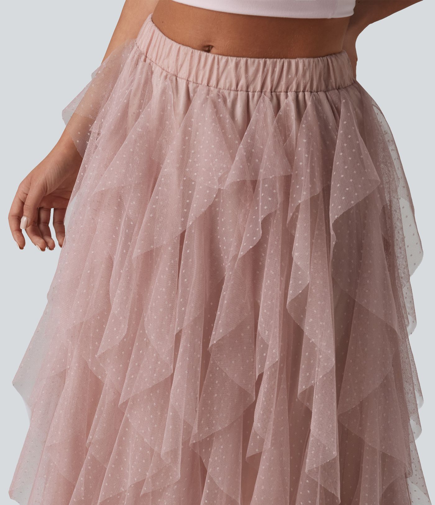 Mid Rise Asymmetric Tiered Mesh Midi Resort Skirt