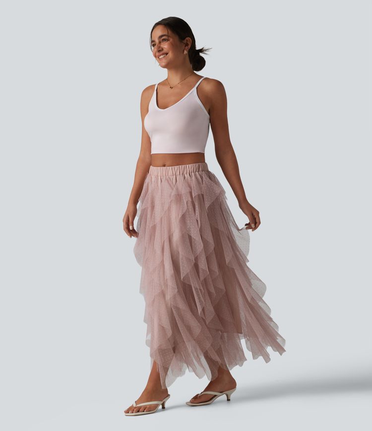 Mid Rise Asymmetric Tiered Mesh Midi Resort Skirt