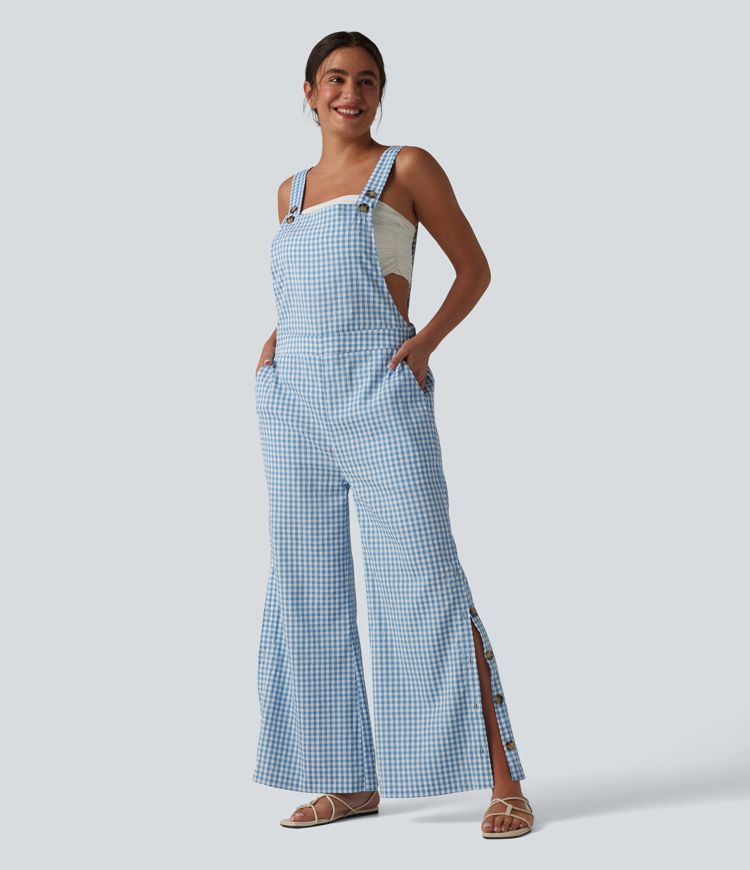 Peto holgado informal con bolsillos laterales, tirantes ajustables y estampado de cuadros - Easy Peezy