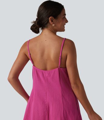 Adjustable Straps Mini Flowy Casual Cotton Slip Dress with Pockets