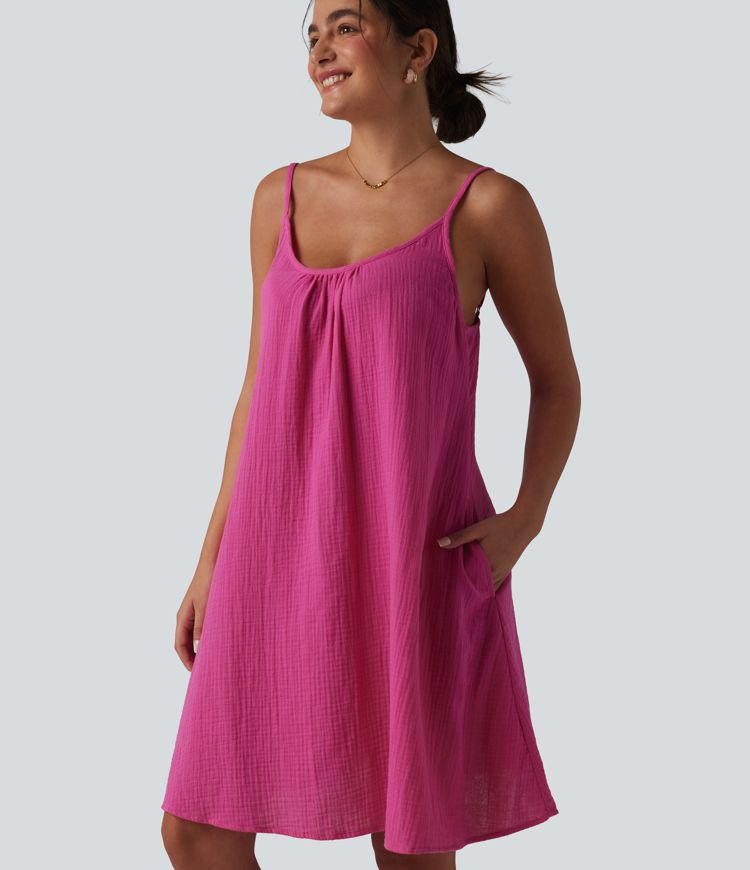 Adjustable Straps Mini Flowy Casual Cotton Slip Dress with Pockets