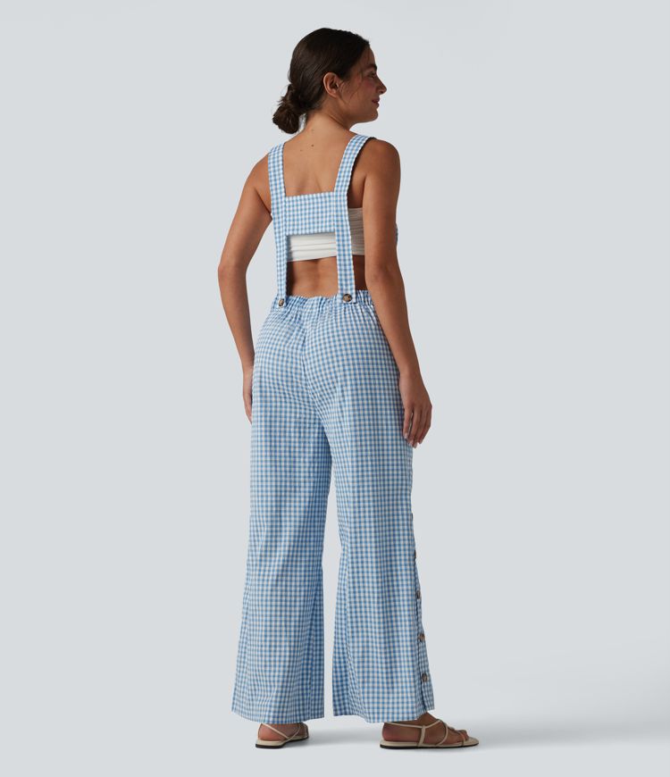 Peto holgado informal con bolsillos laterales, tirantes ajustables y estampado de cuadros - Easy Peezy