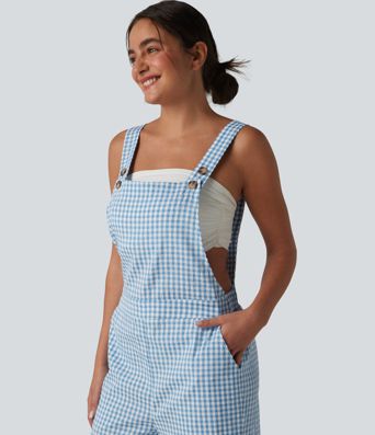 Peto holgado informal con bolsillos laterales, tirantes ajustables y estampado de cuadros - Easy Peezy