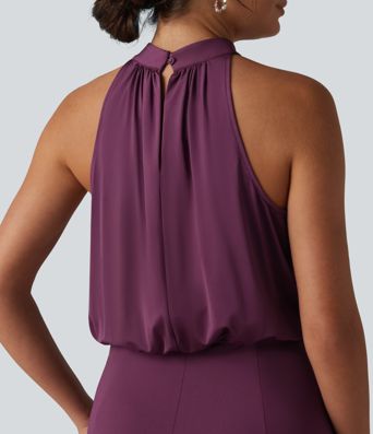 Mock Neck Sleeveless Keyhole Back Stretchy Satin-Like Cool Touch Midi Dress
